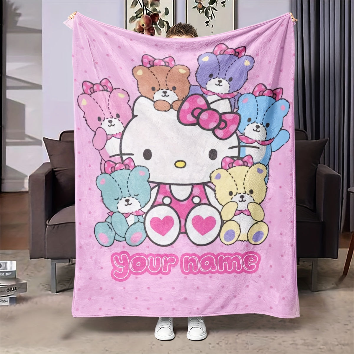 Personalized Hello Kitty Cartoon Blanket. Soft and Cozy Flannel Material. Perfect for Adding a Pop of Style to Any Room. Versatile Gift Idea for Any Occasion. Ideal for Year-Round Use.