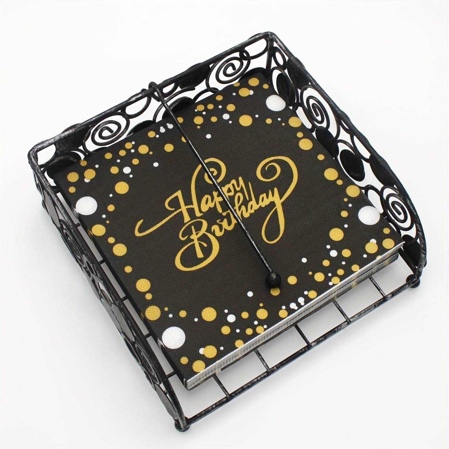 20 Black napkins (33.02cmx33.02cm) with gold Happy Birthday pattern, ideal for events such as weddings, anniversaries, and birthdays.