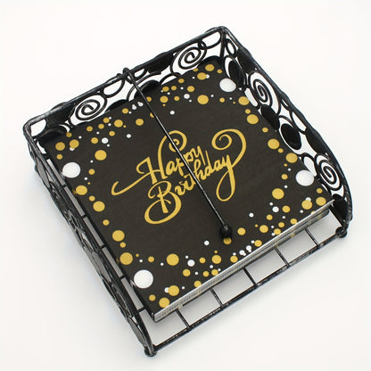 20 Black napkins (33.02cmx33.02cm) with gold Happy Birthday pattern, ideal for events such as weddings, anniversaries, and birthdays.