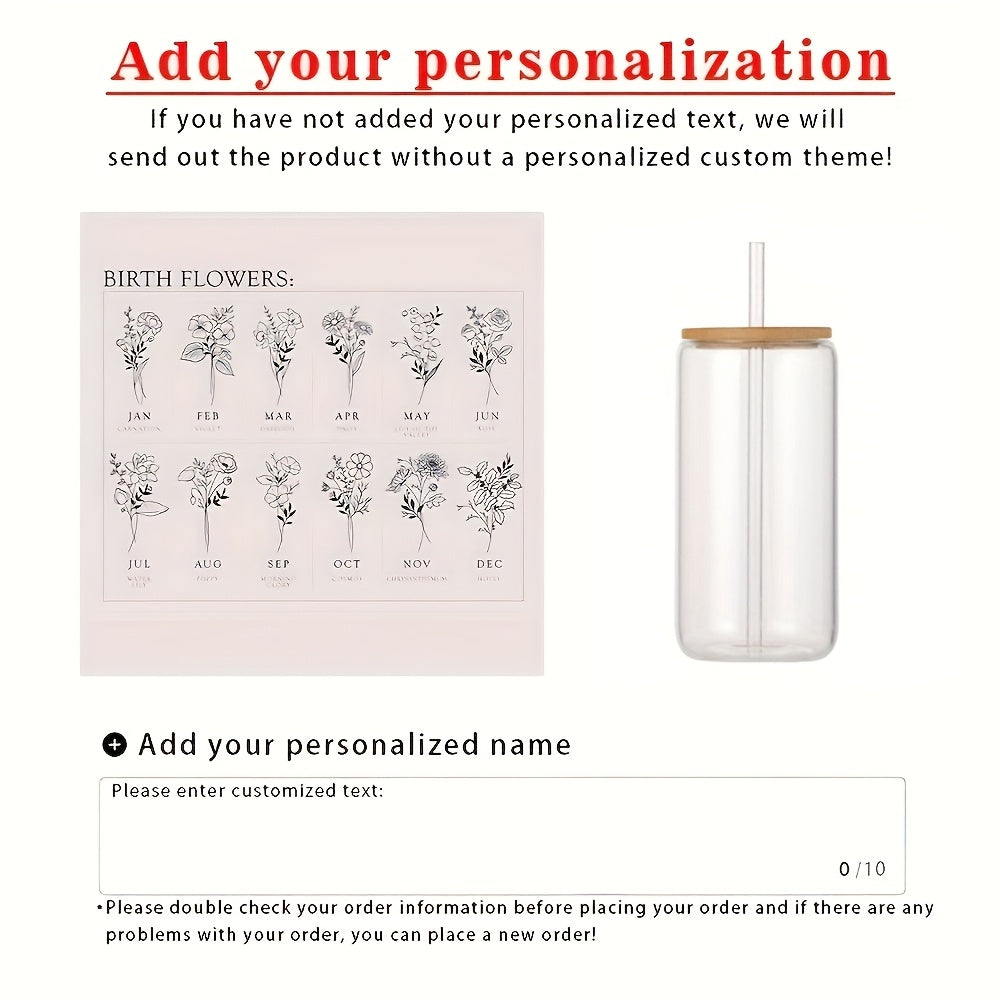 Personalized glass tumbler with lid featuring custom name and birth flower design. Ideal for travel and home use, handwash only. Perfect gift for Mother's Day, bridesmaids, graduation, Christmas, or birthdays.