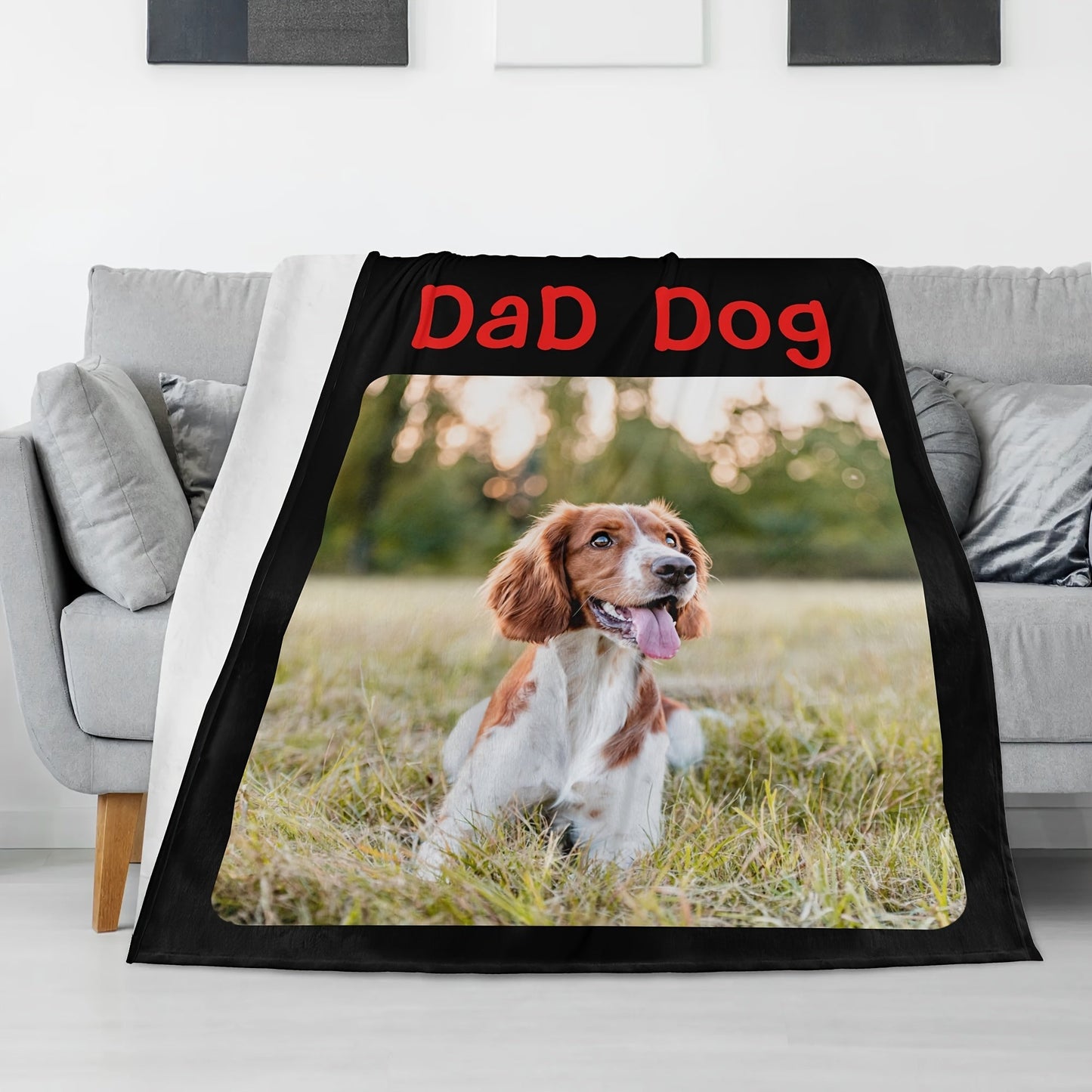 Customized Dog Dad Blanket - Cozy Flannel Pet Throw, Personalized with Your Own Photo and Message, Perfect Gift for Both Men and Women, Easy to Clean in Washing Machine - Color: Black