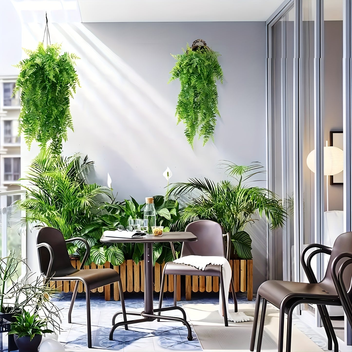 2pcs Premium artificial fern and rattan hanging plants with UV resistant plastic for outdoor and indoor decoration such as weddings, rooms, and gardens.