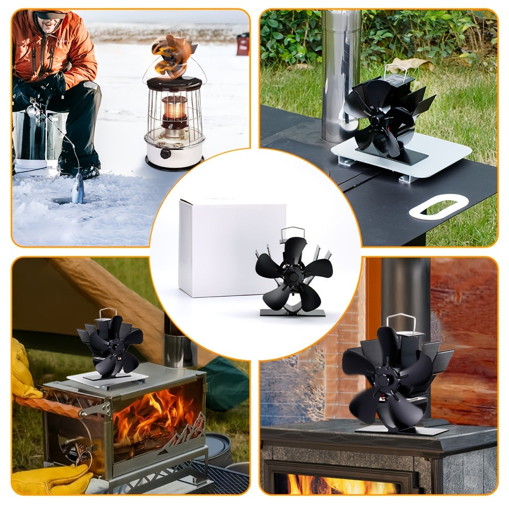 Portable aluminum stove fan with five blades for wood burning fireplaces, operates silently using heat, equipped with multiple components for exhaust, does not require electricity.