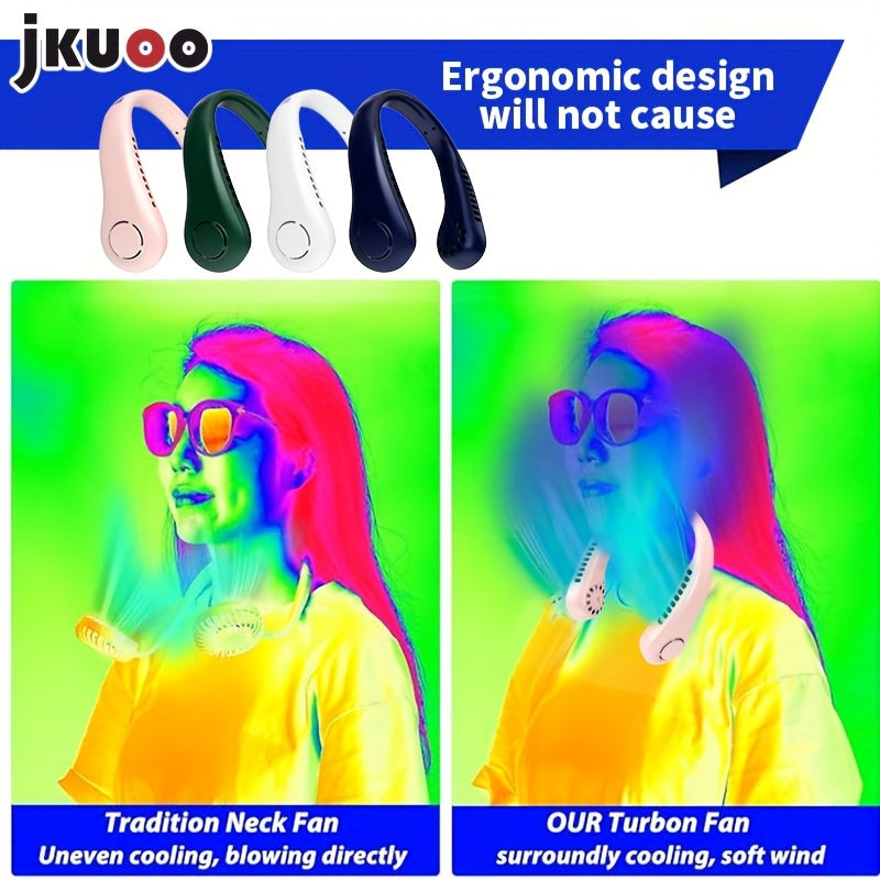 Stay cool on the go with the JKUOO Portable Neck Fan. Featuring a 5-speed digital display, USB rechargeable design, and quiet operation, this fan is perfect for indoor and outdoor use. The silicone handle makes it easy to carry, while the plastic