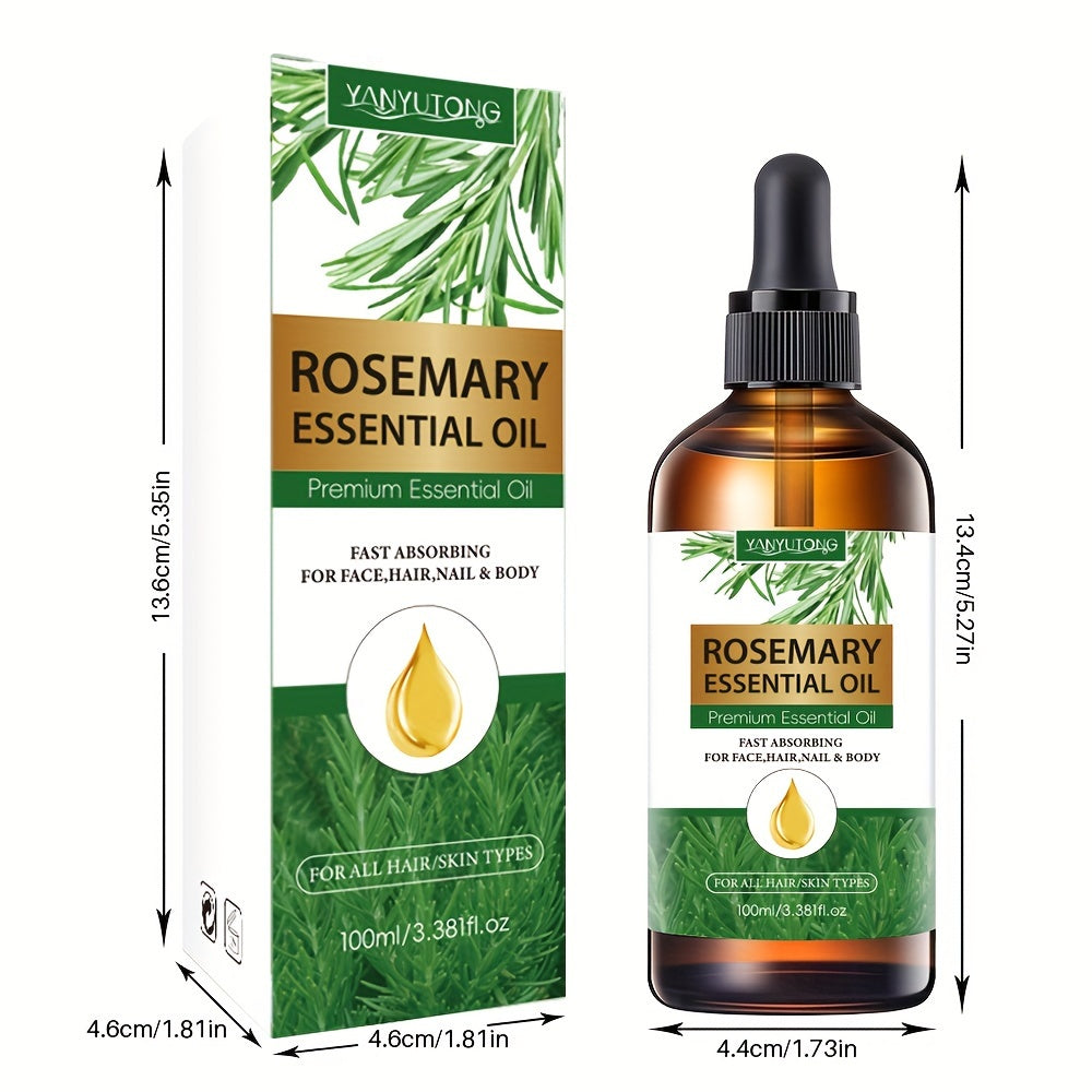 100ml Rosemary Essential Oil for haircare, moisturizing and strengthening scalp. Ideal for split ends, eyebrows, eyelashes, face, skin, and all hair types. Contains glycerin, suitable for