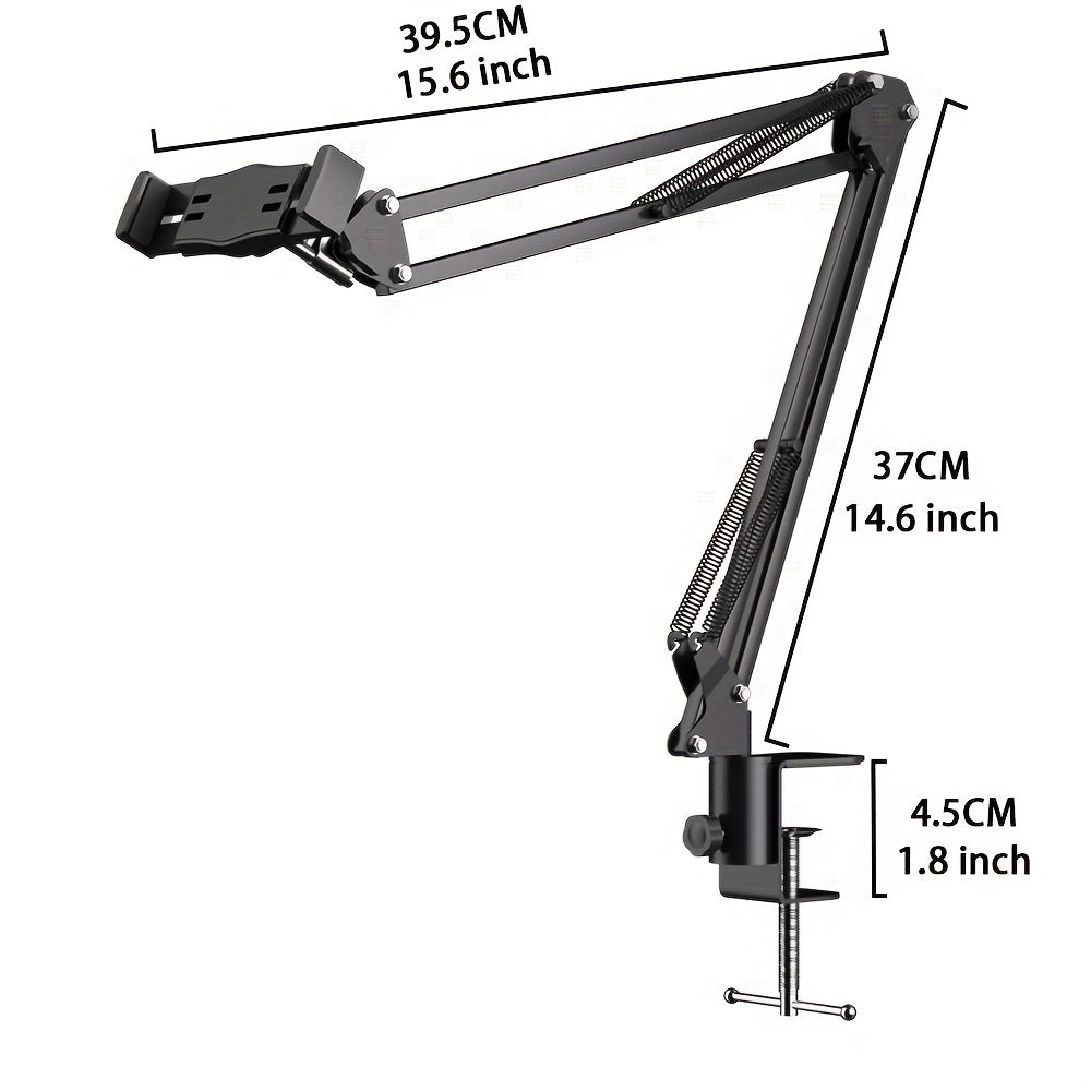 Adjustable cell phone and tablet stand with rotating holder for desk or other surfaces. Ideal for broadcasting, cooking, or watching videos in any room.