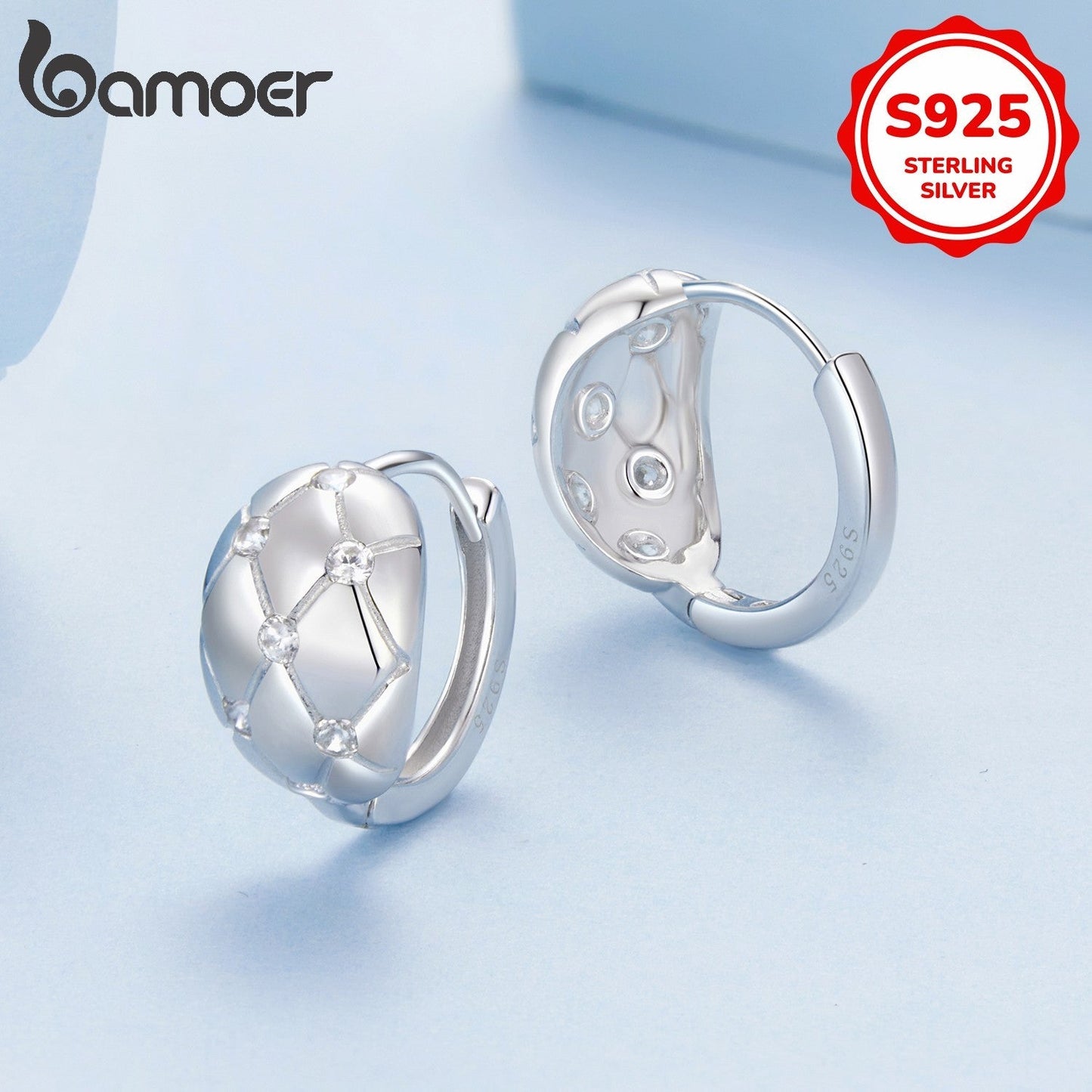 Stylish Women's Hoop Earrings - Timeless Minimalist Design, Crafted from 925 Sterling Silver with Elegant Cubic Zirconia Details, Safe for Sensitive Skin, Ideal for Festivals and Celebrations, Versatile for Any Season, Unique Rhombus Pattern, Lightweight