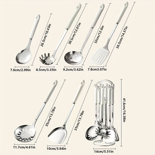 Set of 7 Stainless Steel Kitchen Utensils with Ceramic Handles - Great for Cooking & Baking, Perfect Christmas Present