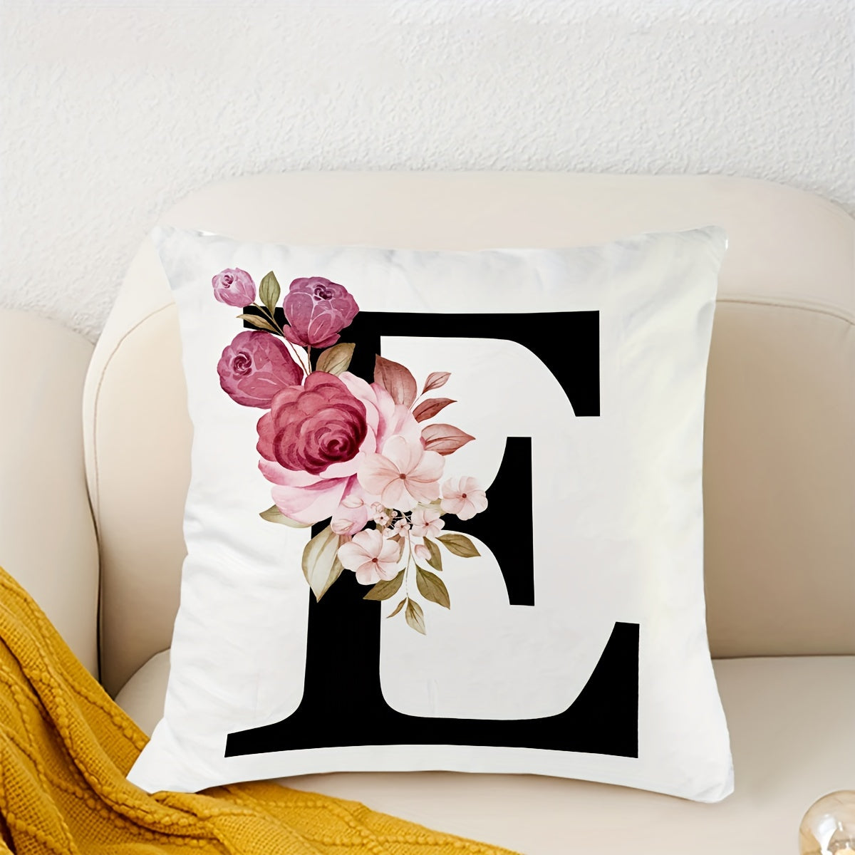 English letter flower print pillowcase for sofa cushions, 45.72cm x 45.72cm.