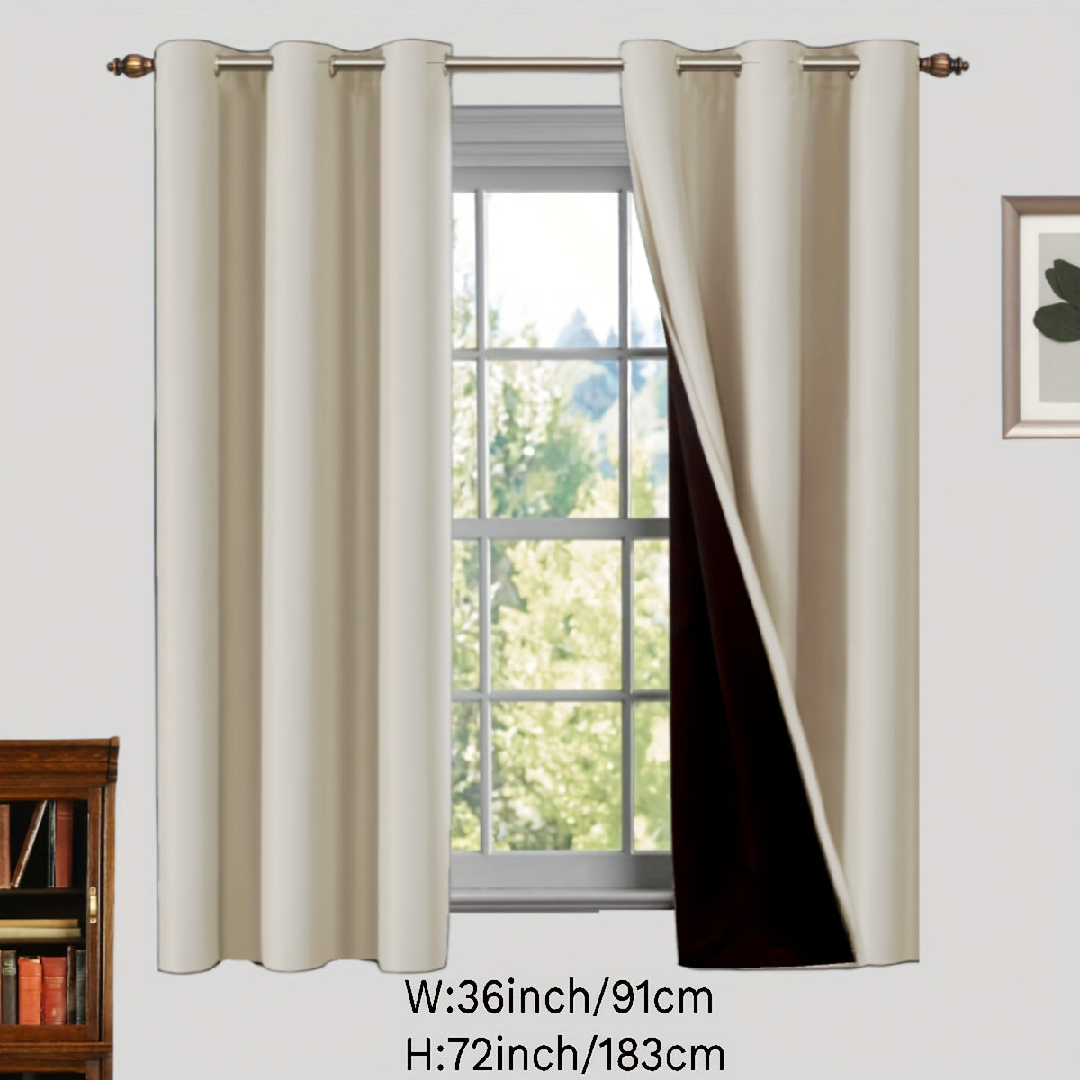 Two pieces of 100% blackout curtains made from polyester, coated and insulated with a grommet top design. Perfect for bedroom, living room, and home decor.