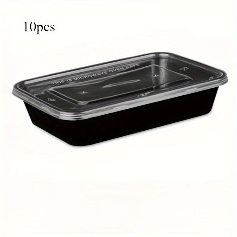 Pack of 10 Bento Box Meal Prep Containers, each with a capacity of 16.9 oz. These containers are made of durable, reusable, and stackable BPA-free plastic. They are microwave safe and do not require electricity to use. Perfect for food storage and