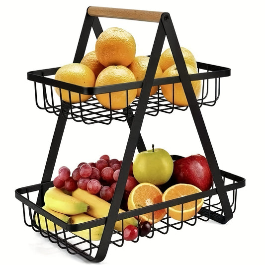 A contemporary metal fruit and vegetable basket featuring a detachable bowl-shaped storage compartment and a wooden handle for kitchen organization. Ideal for gifting during Christmas or Halloween, this handy organizer can be used on the countertop or in