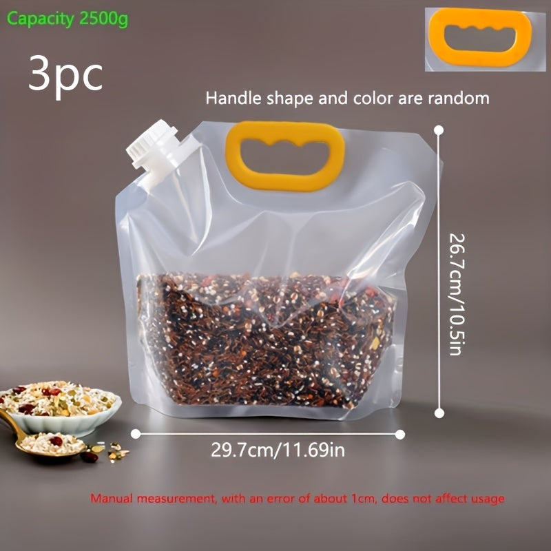 Three transparent cereal bags with lids for portable rice packaging and kitchen storage. These sealed bags are insect-proof and moisture-proof, ensuring freshness. Each bag can hold either 500g or 1000g of rice. Perfect for keeping your kitchen supplies