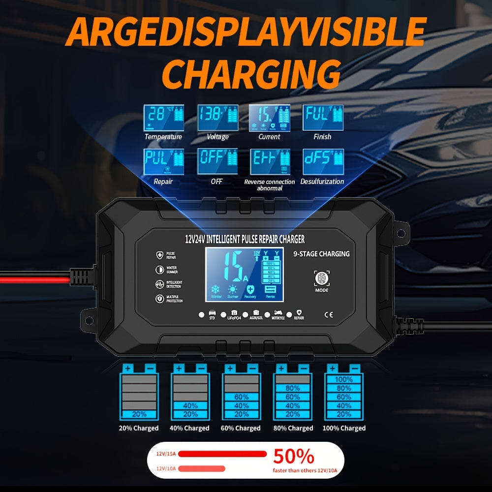 RJTIANYE Smart Car Battery Charger is a versatile charger with advanced protection features, perfect for a variety of vehicles including cars, RVs, and boats. It is portable and compatible