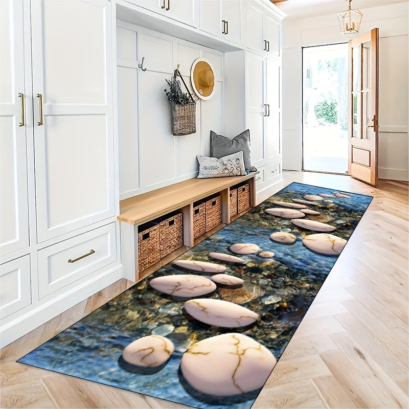 Elevate your home decor with this elegant pebble design floor mat. Made from non-slip and stain-resistant polyester material with a decorative stone pattern, this washable mat is perfect for use in the bedroom, living room, or kitchen. Featuring a low