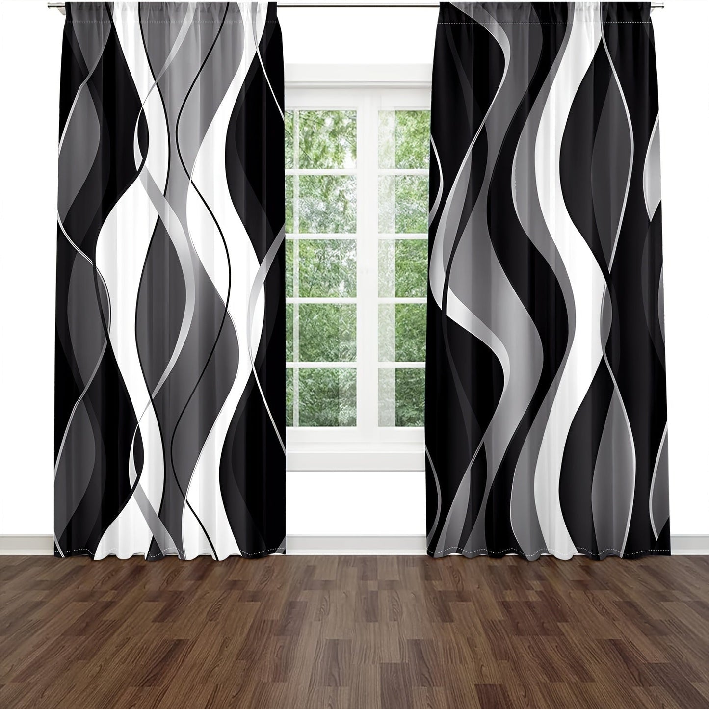 A modern abstract geometric curtain set, featuring 2 pieces in black and white. These semi-transparent privacy drapes are perfect for the living room and bedroom, and are machine washable for easy cleaning.