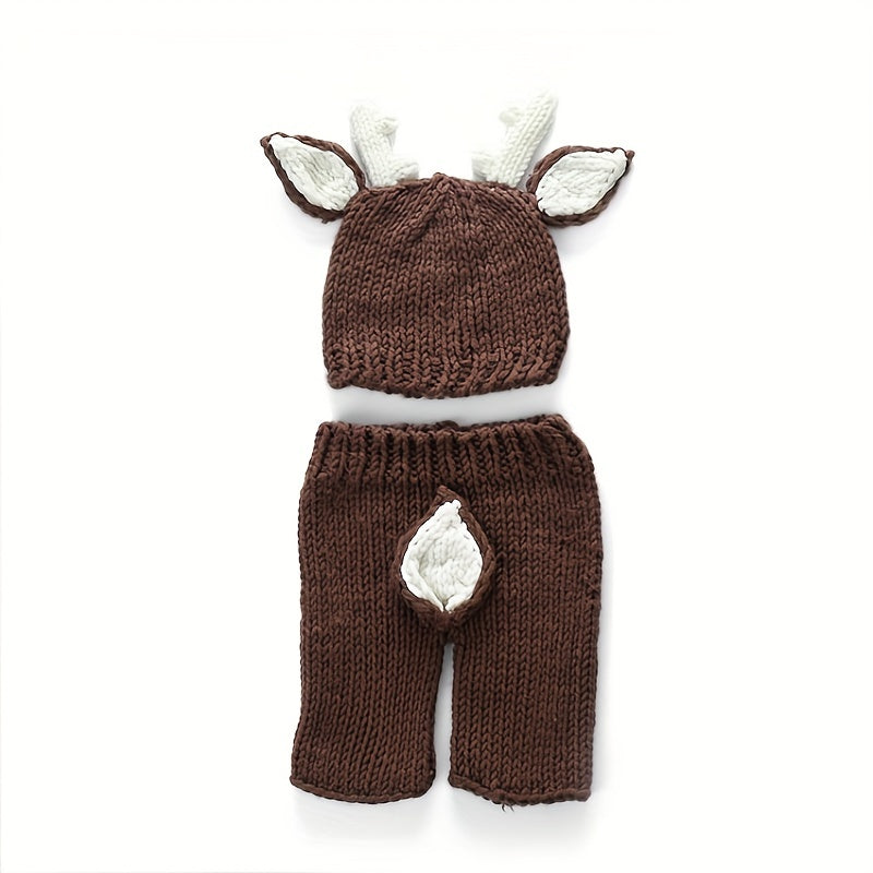 Handmade Christmas Deer Coffee-colored Two-piece Set, Velvet Woven Photography Props for Kids