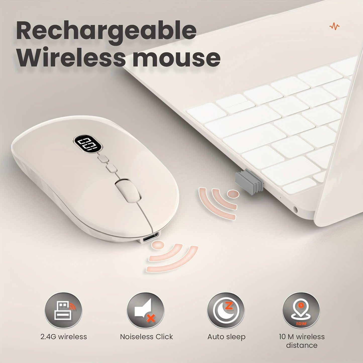 ZIYOULANG Wireless Lightweight Mouse with Battery Display Screen, Rechargeable Cordless Silent Click Computer Mouse Up to 1600 DPI - Slim Portable Design for Laptop and PC/Mac/Macbook