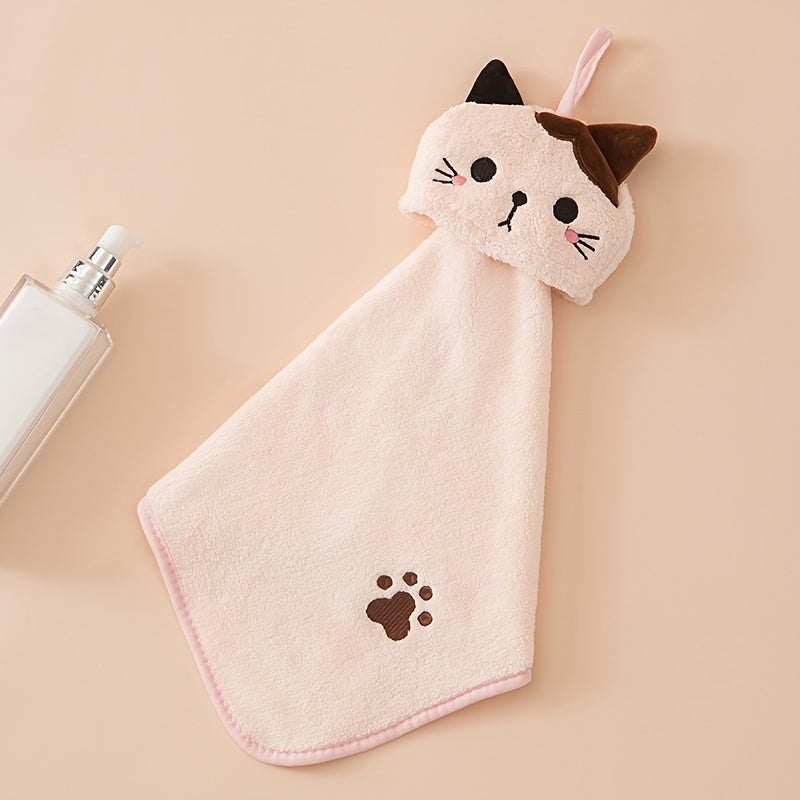 Soft coral fleece hand towel embroidered with a cat design - cute and absorbent for kitchen and bathroom use.