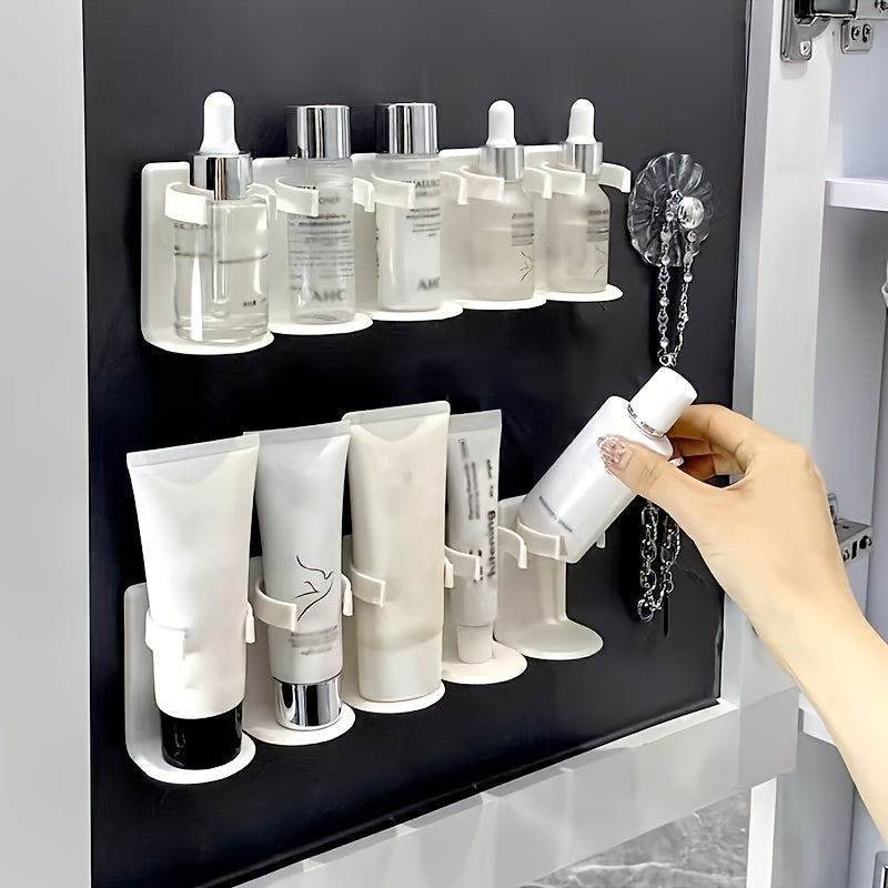 Simple to install bathroom storage rack for cosmetics and essentials, no drilling required.