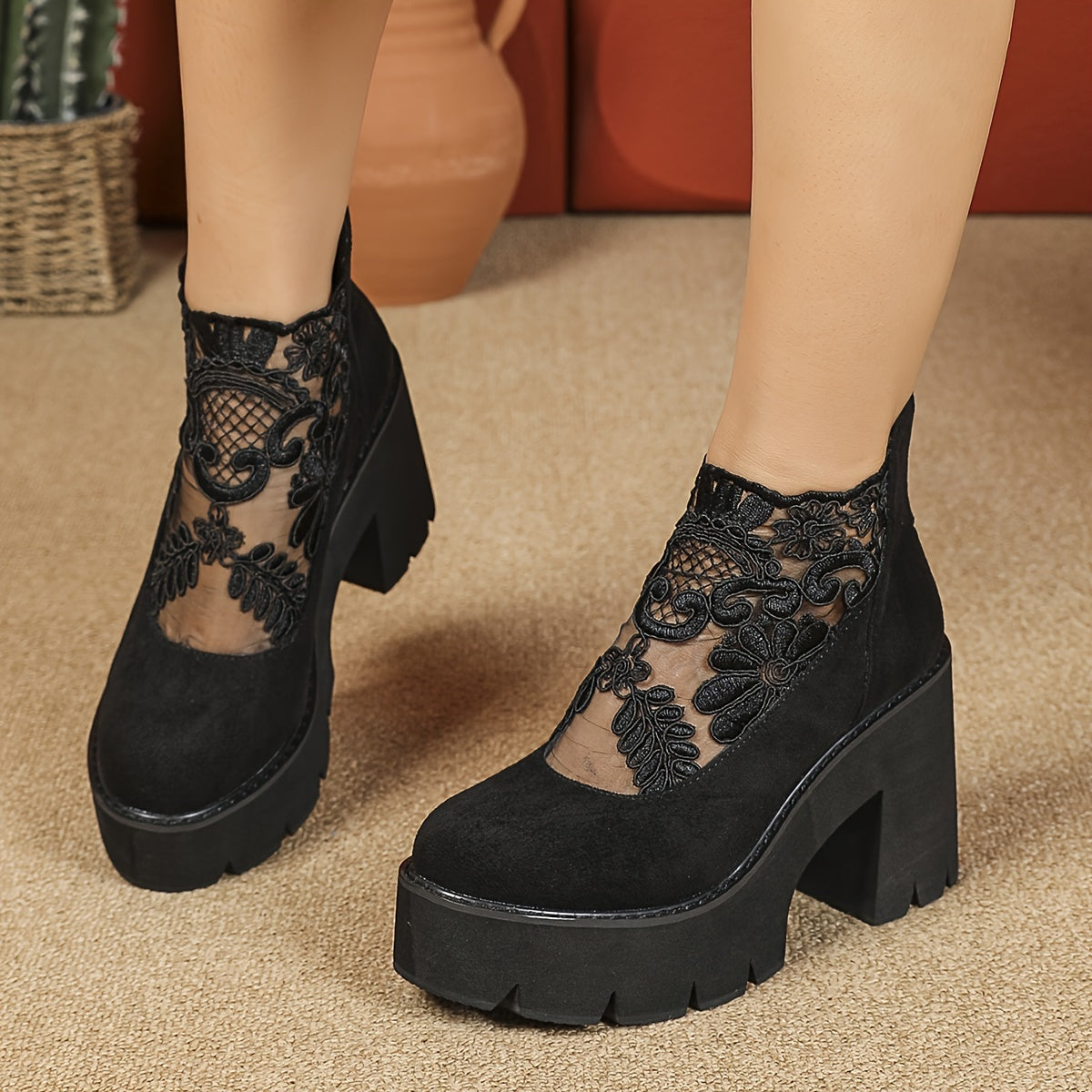 Women's Floral Embroidered Ankle Boots with Black Mesh, Zippered Mid-Calf, Chunky Heel, Corduroy Upper, Fabric Lining, Rubber Sole, Velvet Insole.