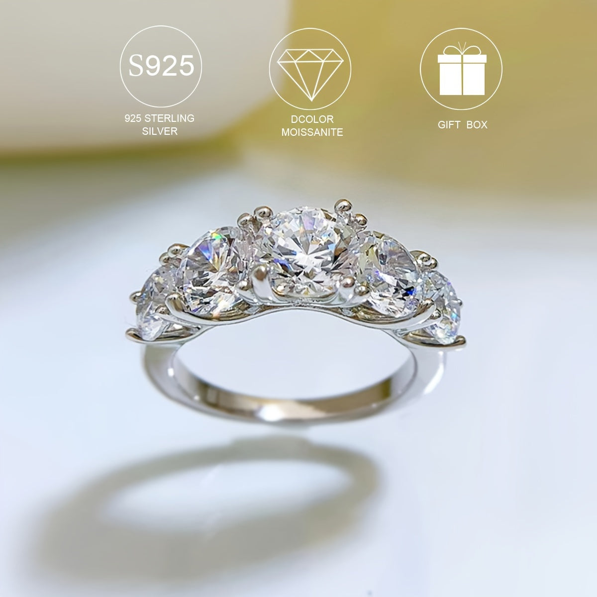 Around 4.6g of S925 pure silver, low allergy, 5ct moissanite ring, perfect for ladies' engagement, proposal, wedding, Mother's Day gift, with a bohemian style, elegant temperament, and versatile design. Ideal for fashion-forward individuals seeking a