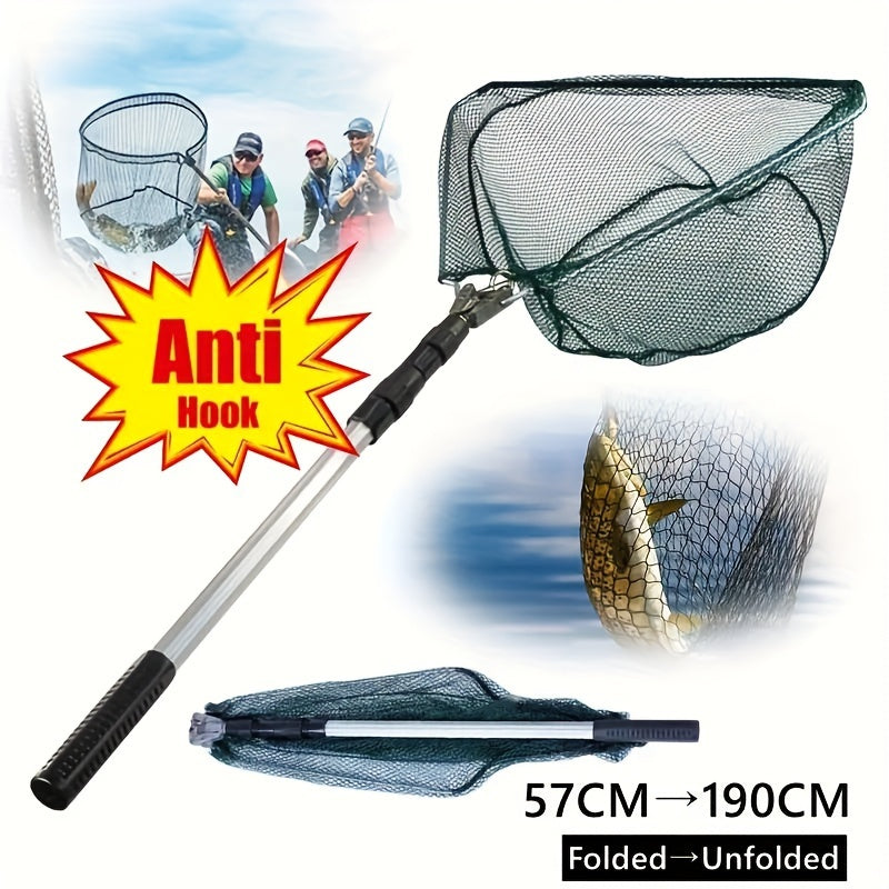 Stainless Steel Telescopic Fishing Landing Net, Extendable 90.93cm to 189.99cm Handle, Suitable for Freshwater Fishing for Kids and Adults - Green.