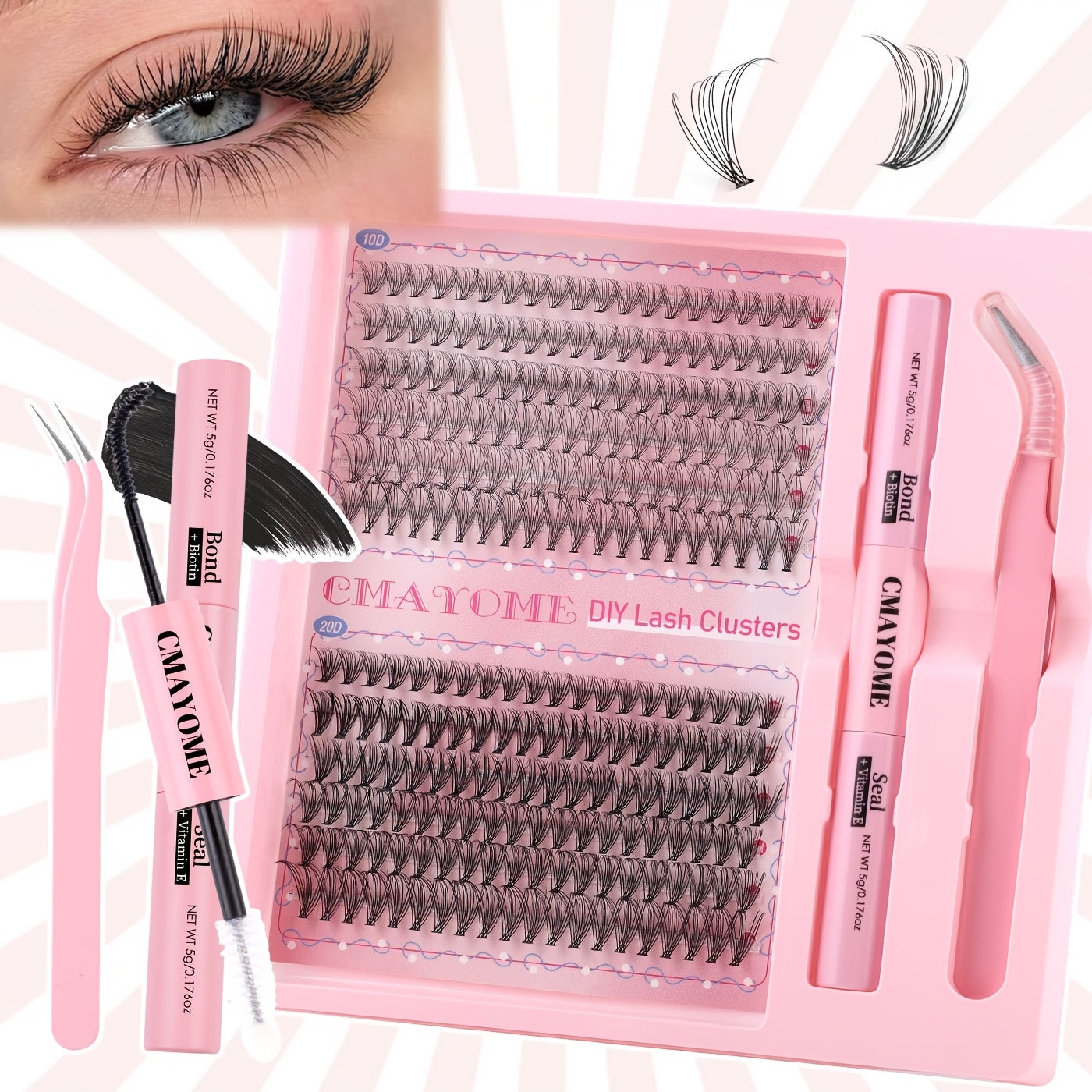 Pink Series DIY False Eyelashes Set includes 240pcs of C-shaped Curly False Eyelashes and 140pcs of Glue Tweezers. Features 8-16mm length, low sensitivity, easy application, and