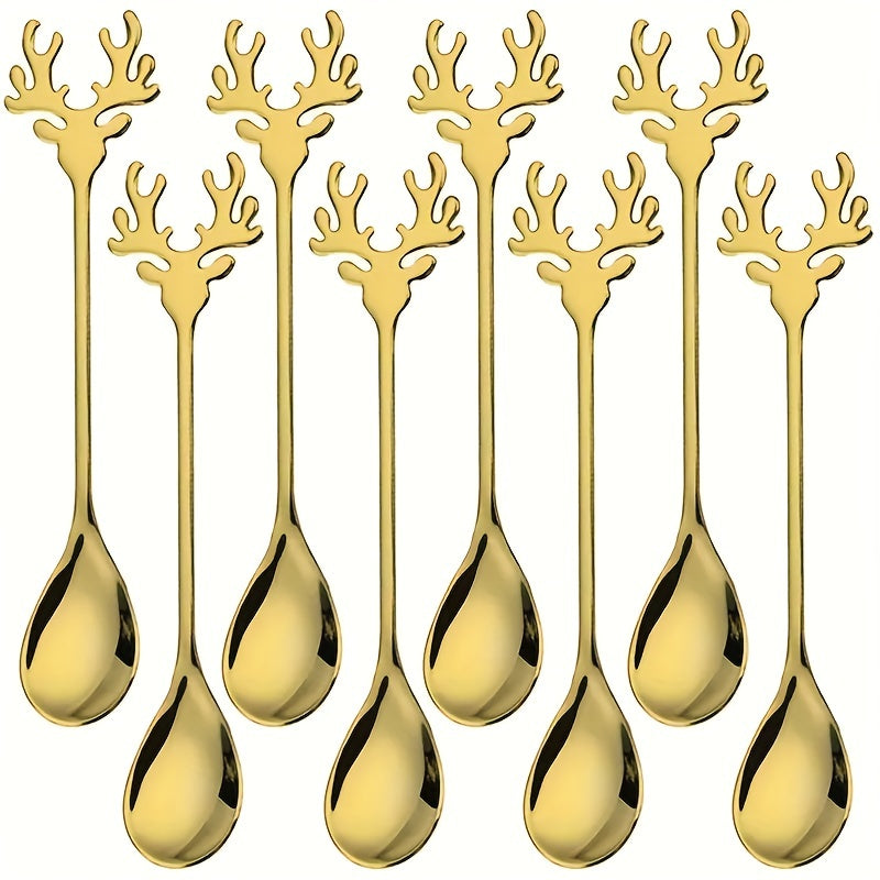 Set of 8 Christmas-themed stainless steel coffee spoons in the shape of deer heads, perfect for stirring desserts and candy, as well as stirring tea. These whimsical spoons can also be used as tableware decorations or kitchen accessories.