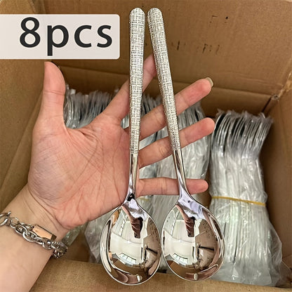 Upgrade your dining experience with our elegant New Light Luxury Hammer Pattern Stainless Steel Spoons. Available in sets of 4pcs, 8pcs, 12pcs, and 15pcs, these spoons are perfect for use in restaurants, for main course meals, for everyday use at home