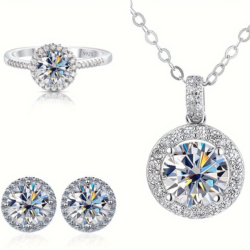 The Gems Lady multi-piece set includes a 4-piece set featuring a 1 carat moissanite four-prong pendant and earrings, as well as an exquisite S925 pure silvery ring. This set is perfect for elegant daily wear and makes a thoughtful gift for family