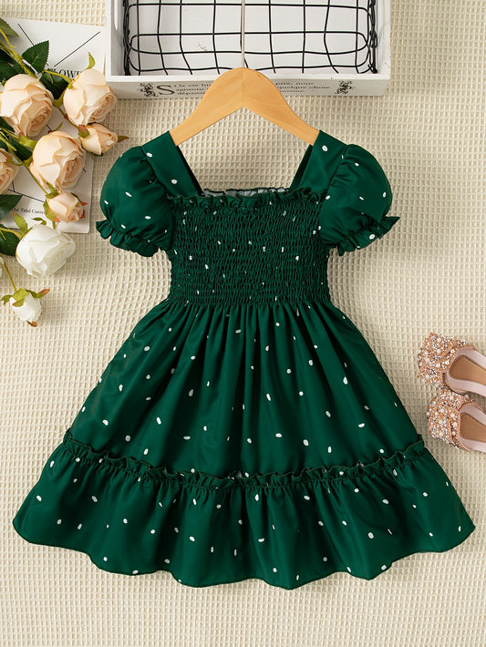 Square neck puff sleeve dress for toddler girls, perfect for spring and summer parties