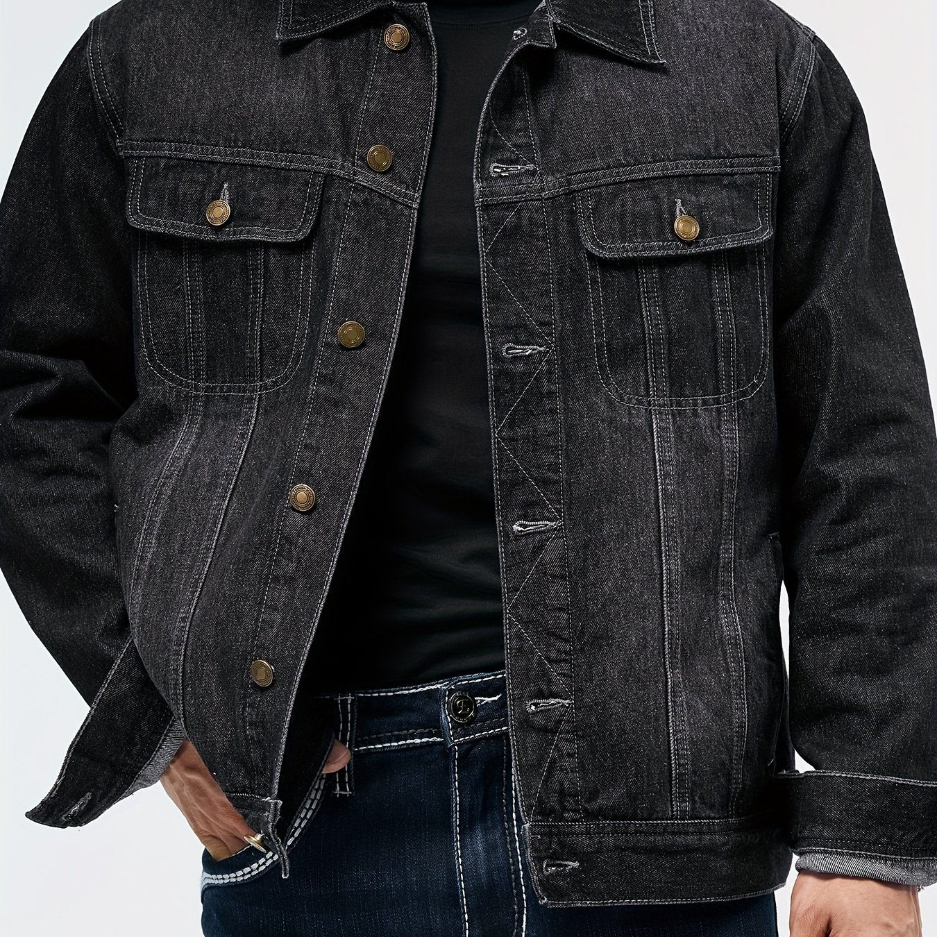 Men's Denim Jacket - Long Sleeve with Flap Pockets, Machine Washable