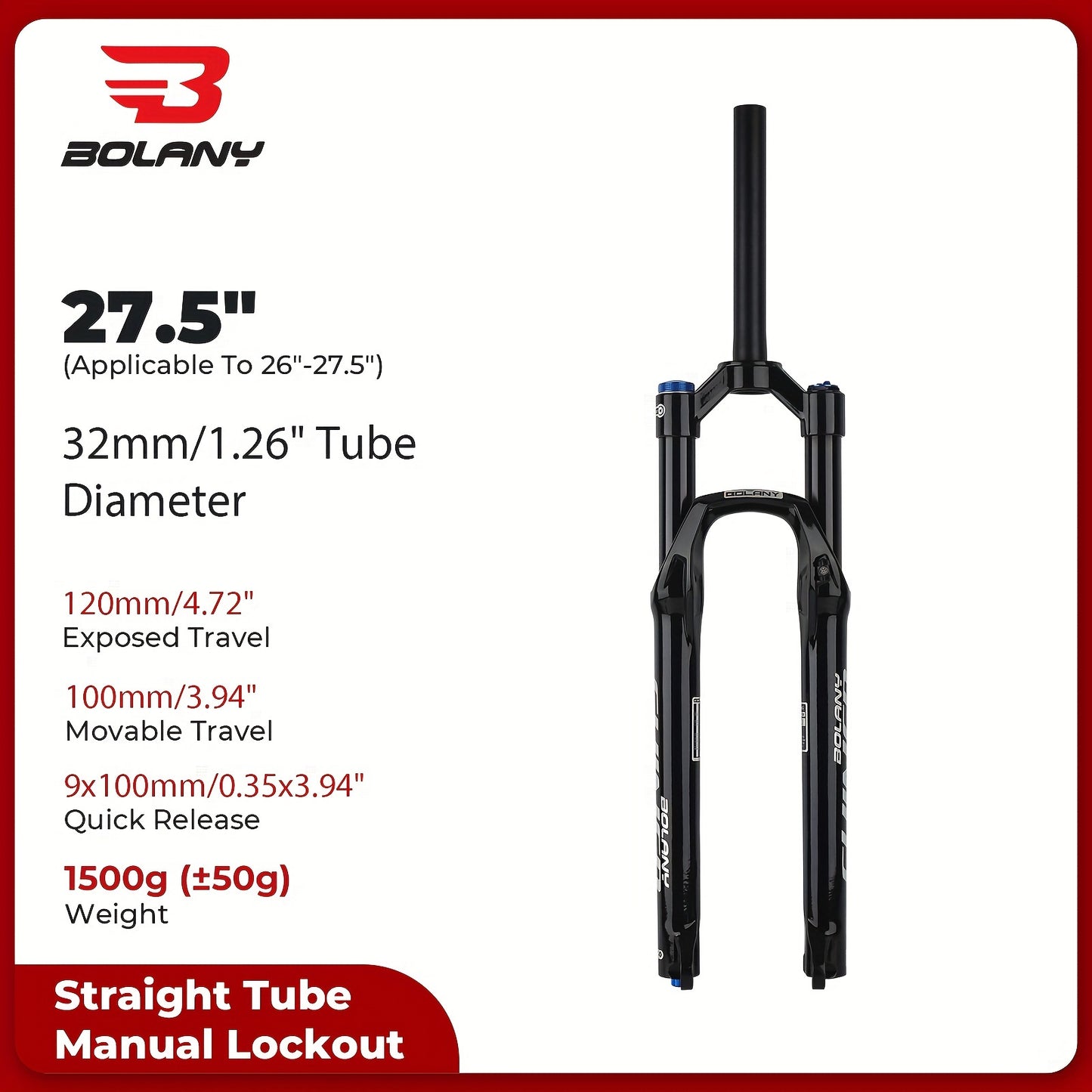 BOLANY Mountain Bike Air Suspension Fork - Lightweight aluminum alloy with 120mm travel, universal fit, quick release 9x100mm, black (1 Pack)