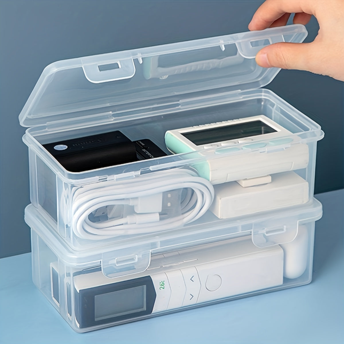 1pc Data Cable Storage Box with cover, ideal for storing phone charger, USB, and other accessories in kitchen, bathroom, or bedroom to save space.