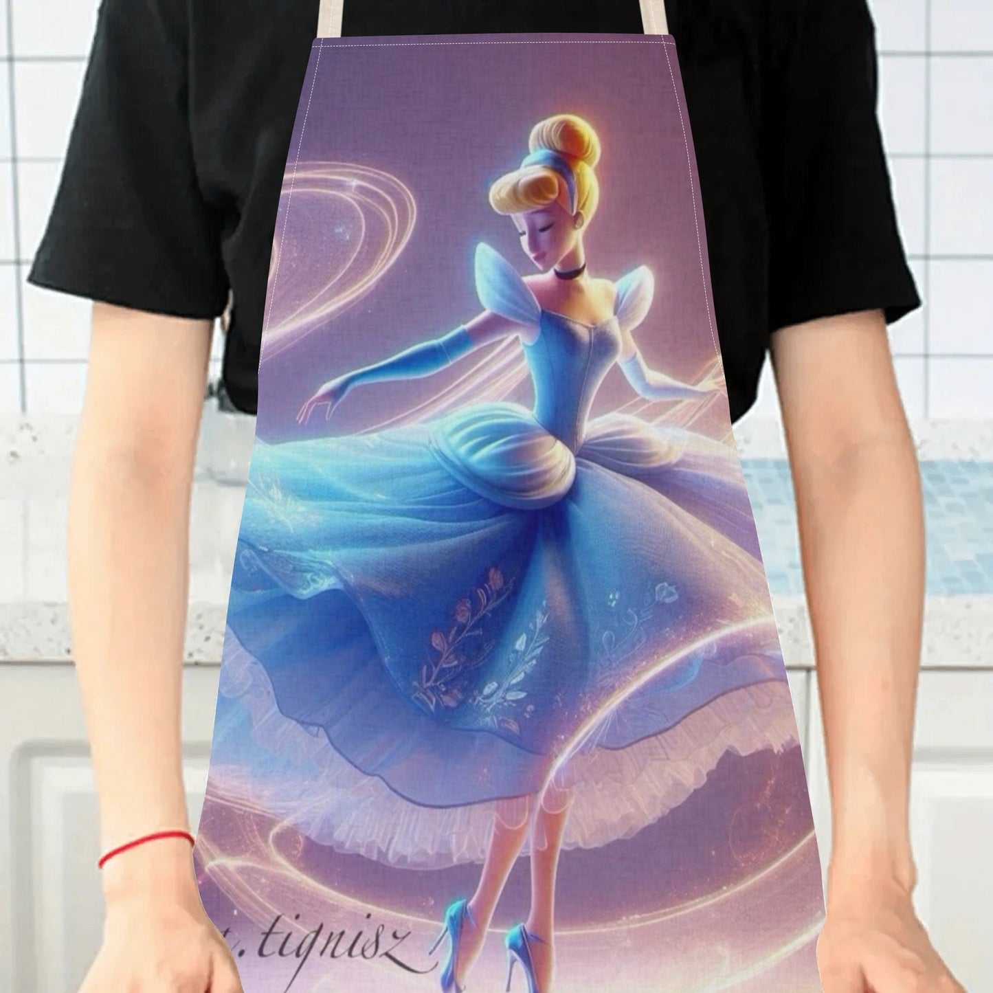 Waterproof apron featuring Disney's Cinderella cartoon character in a vibrant blue dress with a floral design. Made of durable polyester, perfect for use in hotels, supermarkets, restaurants, fruit shops, milk tea stands, and at home.