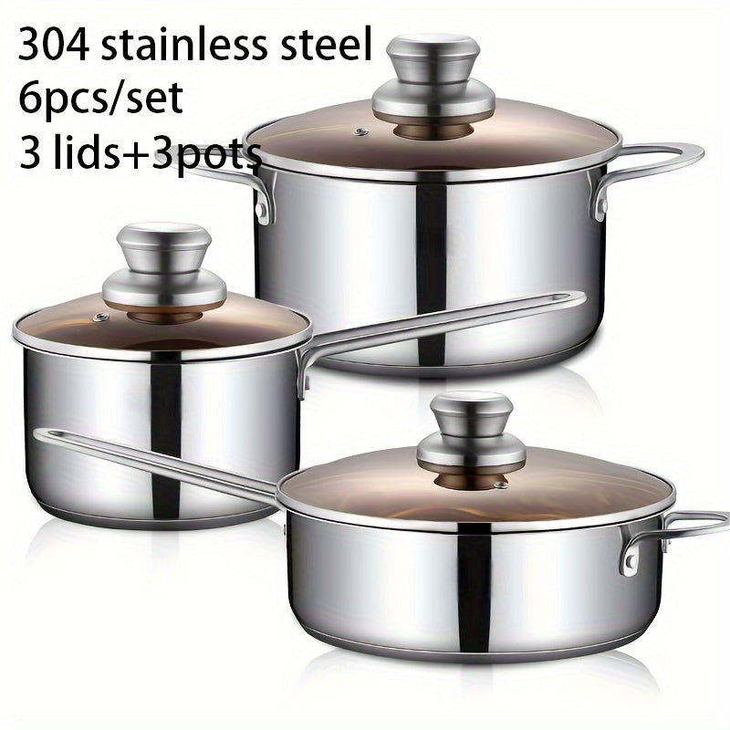 6-piece stainless steel cookware set featuring 304 premium quality, a triple-layered base, clear glass lid, and a complete kitchen cooking pots and pans set.