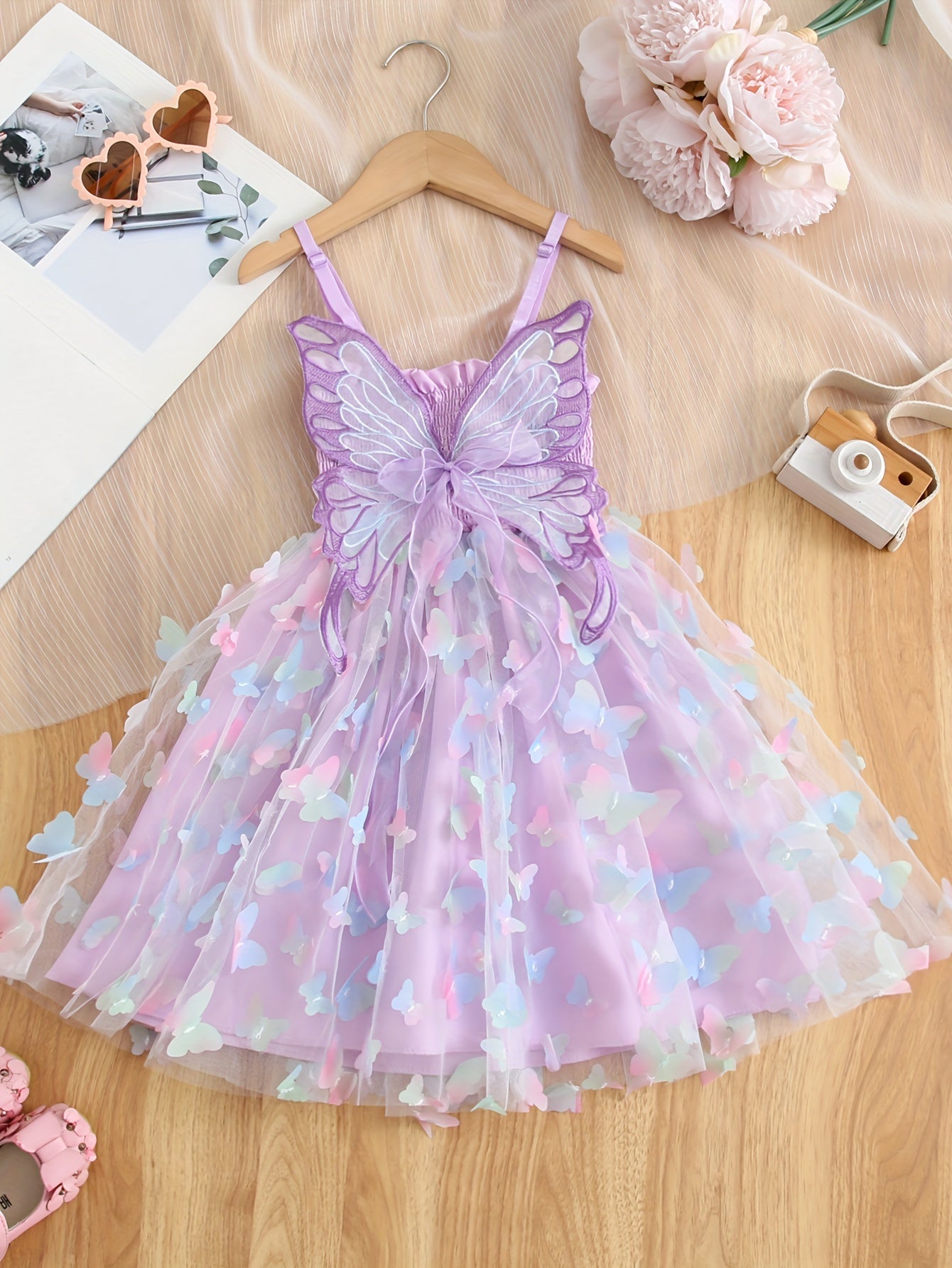 Rainbow Butterfly Princess Dress: Sleeveless mesh tutu with bow detail, ideal for parties & birthdays.