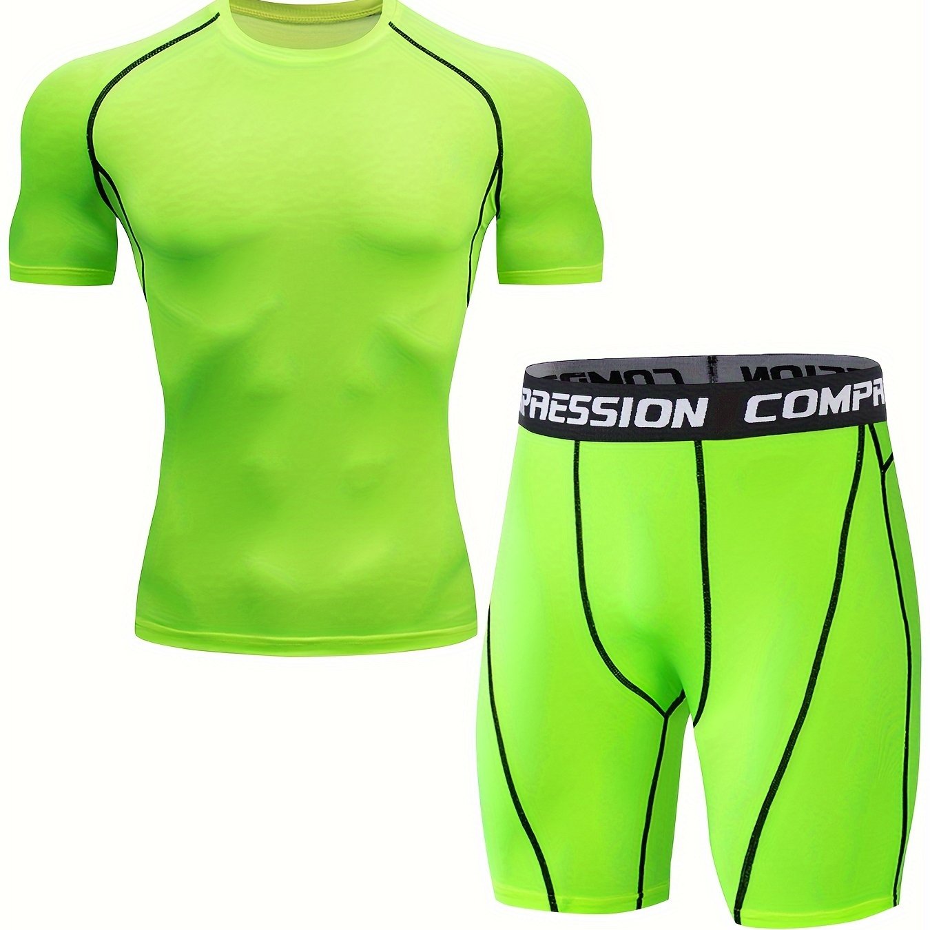 Men's sports running set includes skin-tight quick dry short sleeve compression shirt and shorts for gym and yoga.