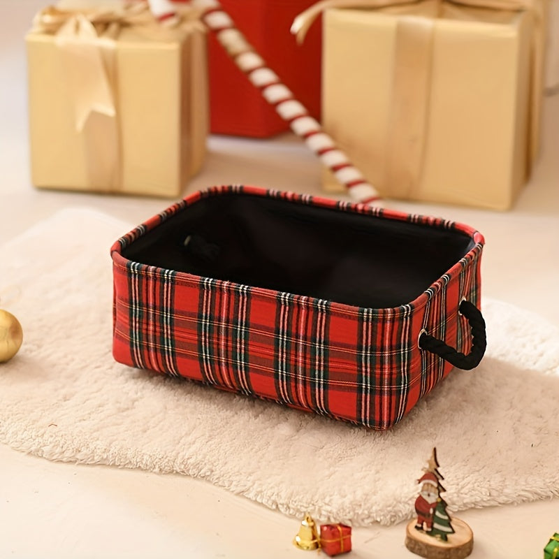 Christmas Storage Basket with Handles in a Festive Plaid Design - Ideal for Storing Holiday Decorations and Gifts