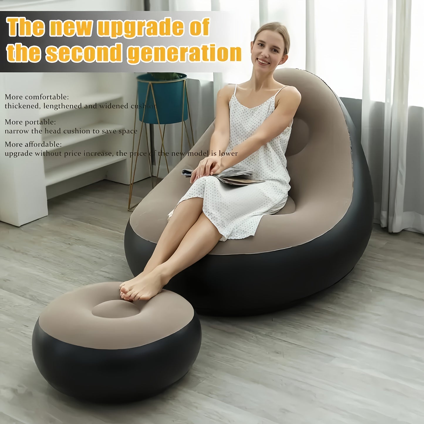 Upgrade your lounging experience with the 2nd Generation Portable Folding Lazy Sofa & Stool Combo. This set includes an inflatable air cushion for ultimate comfort and relaxation. The sofa and stool come in a trendy beige and black color scheme, made