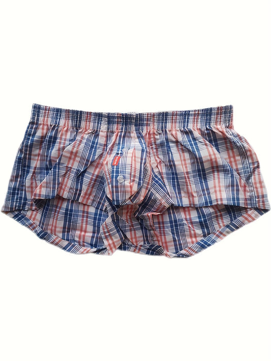 Men's flat corner underpants with front button opening, made of thin pure cotton, low waist sexy plaid shorts.