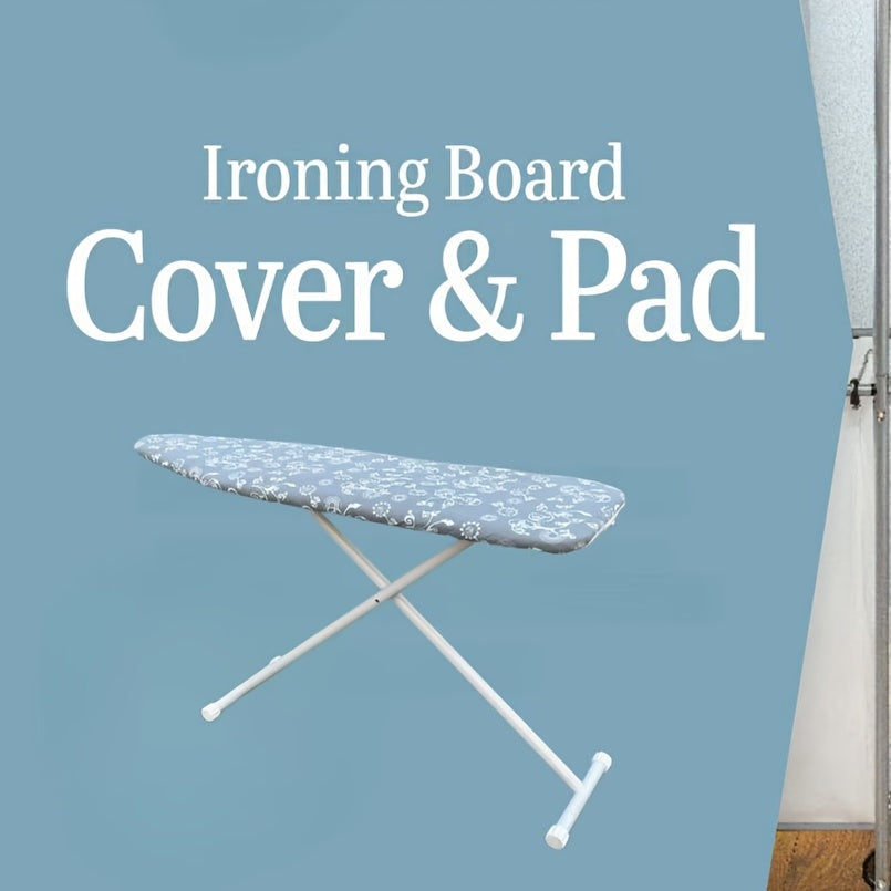 Ironing board cover with extra-thick padding, double-layer lining, non-slip elastic edges, and high-temperature resistant PET material. No electricity required, foldable design, and includes cloth strip for easy storage.