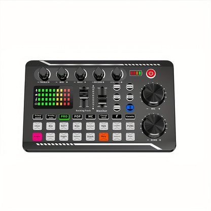 1pc F998 Live Sound Card with DJ Mixing Effects, Vocoder, Rechargeable Battery, USB Audio Interface - Podcasting, Live Streaming, Gaming - Plastic, Black, Dual Power Mode.