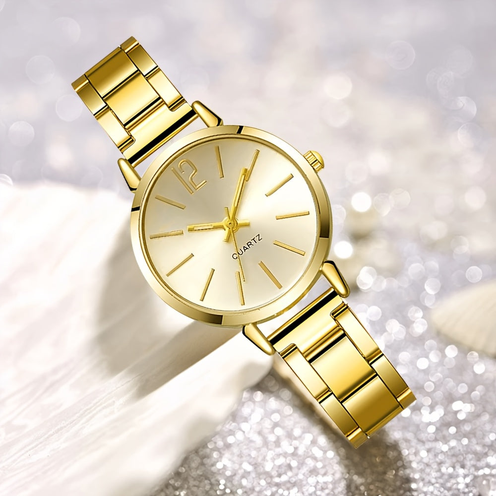 Stylish women's watch and sparkling set with zinc alloy strap and case, quartz movement, and elegant display. Perfect gift for girlfriend on occasions like Valentine's Day, Ramadan