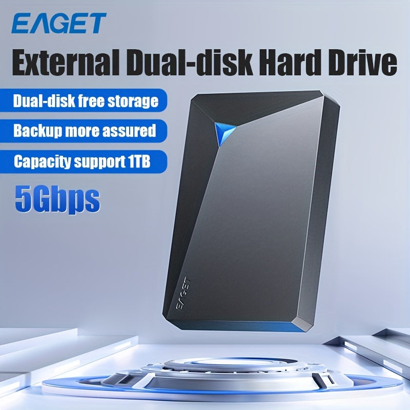 EAGET 1TB Portable Dual-Disk Hard Drive - USB 3.0 External Storage, Plug & Play for all devices - Perfect birthday gift.