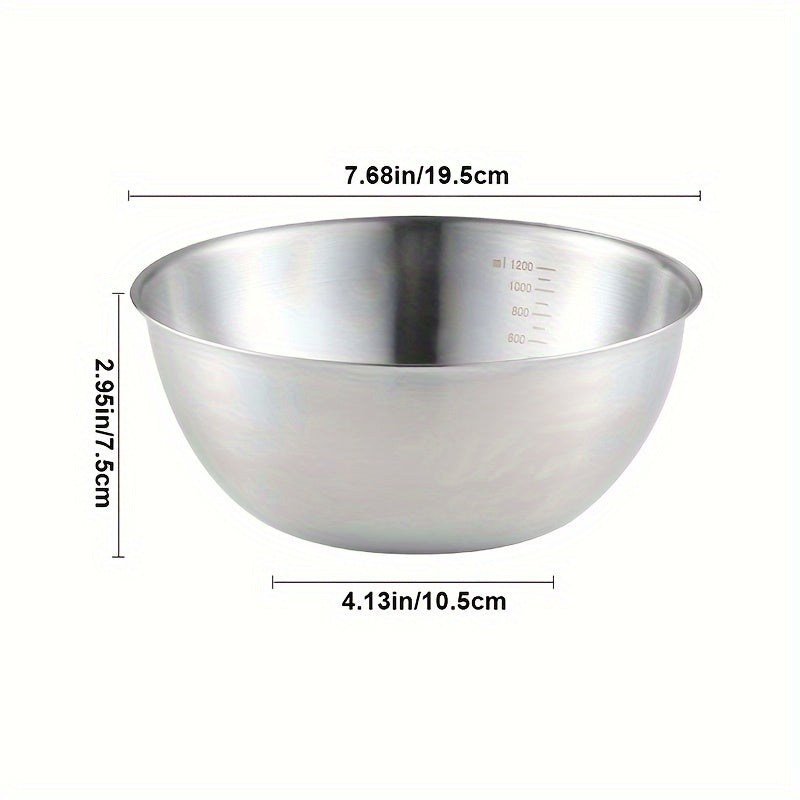 Set of 3 stainless steel mixing bowls with measurement marks, ideal for cooking and baking in kitchens and restaurants.