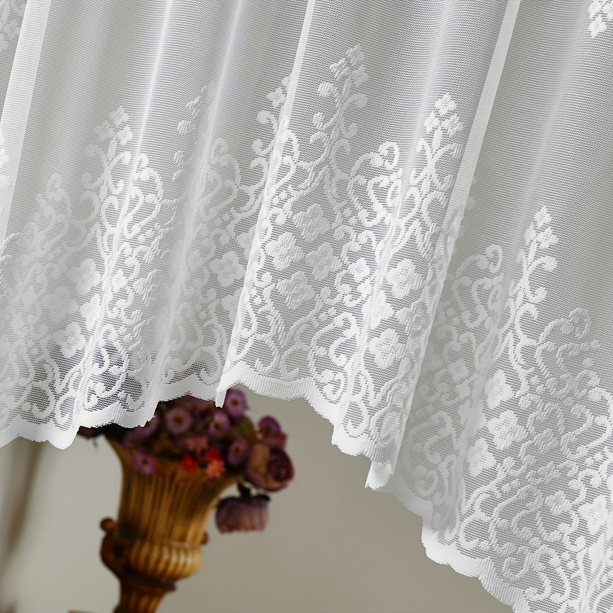 White lace cafe style curtains with geometric wavy pattern; suitable for living room, bedroom, kitchen, and home decor; comes in a set of 1 piece.