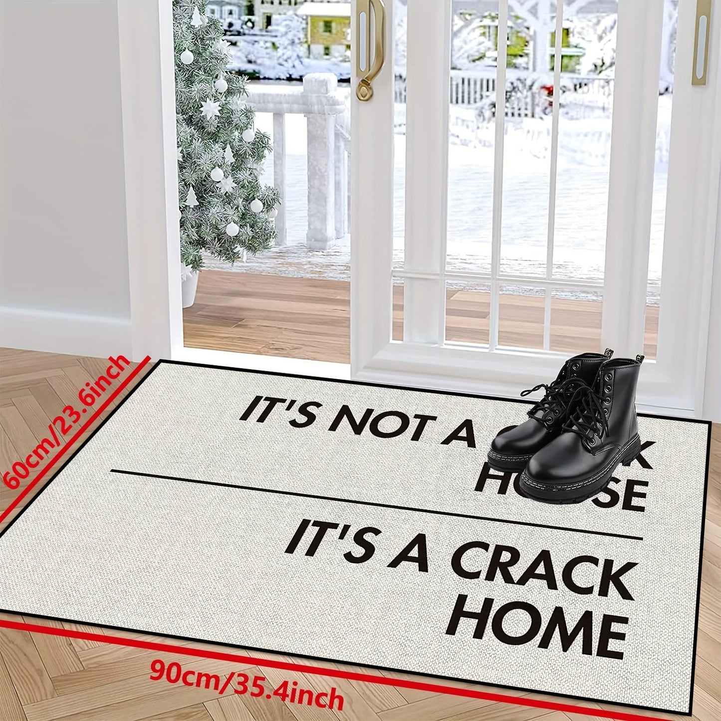 Non-slip machine washable polyester door mat with a white background and crackle home design. Perfect for indoor and outdoor use, this mat is suitable for bedrooms, rooms, hallways, courtyards, as well as photo props and gifts. Measuring 15x23 inches, it