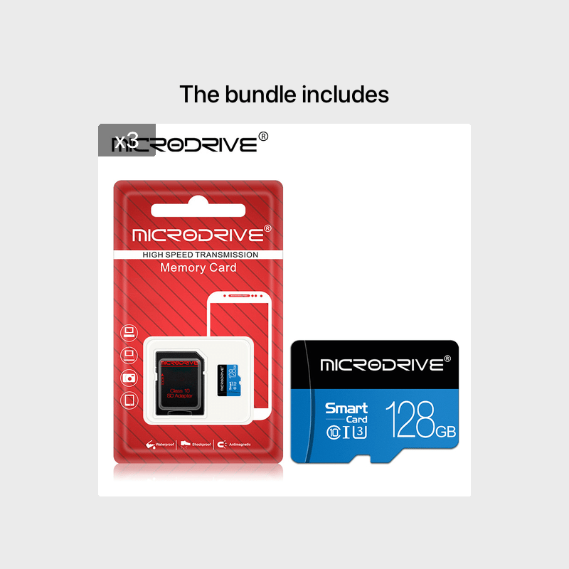 Microdrive Blue Class 10 TF Memory Card is available in 32GB, 64GB, 128GB, and 256GB with U3 support, includes an SD adapter for smartphones and DVRs.